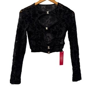 SHEIN ICON Black Velvet Floral Mesh Cutout Long Sleeve Top, Size Small, NWT